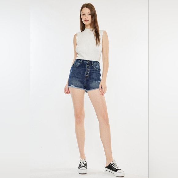 KanCan Button Fly Distressed Denim Ultra High-Rise Frayed Cut-Off Jean Shorts - Picture 10 of 13